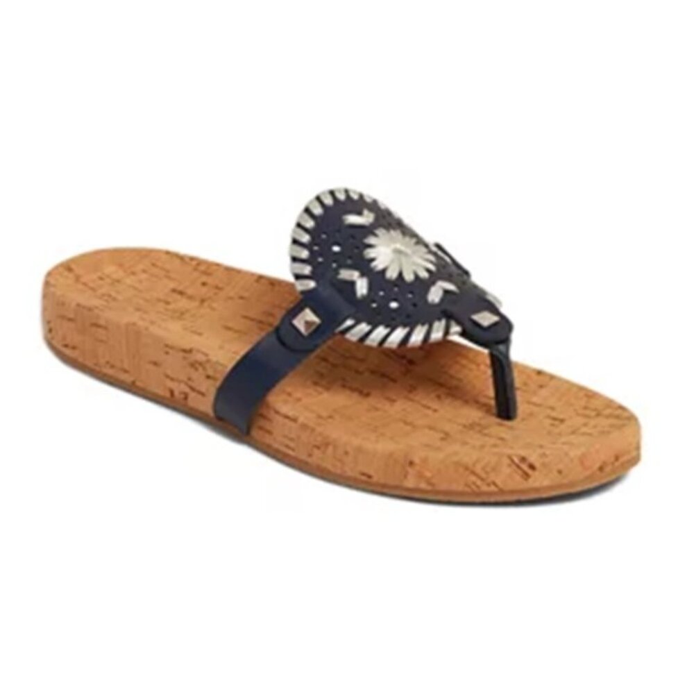 Jack Rogers Collins Cork & Leather Thong Sandal Navy w Silver Whipstitch Sz 9.5